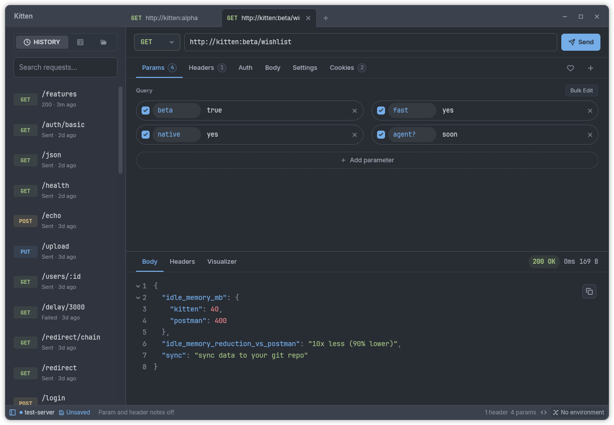 Screenshot of the Kitten API client showing a request editor and response pane